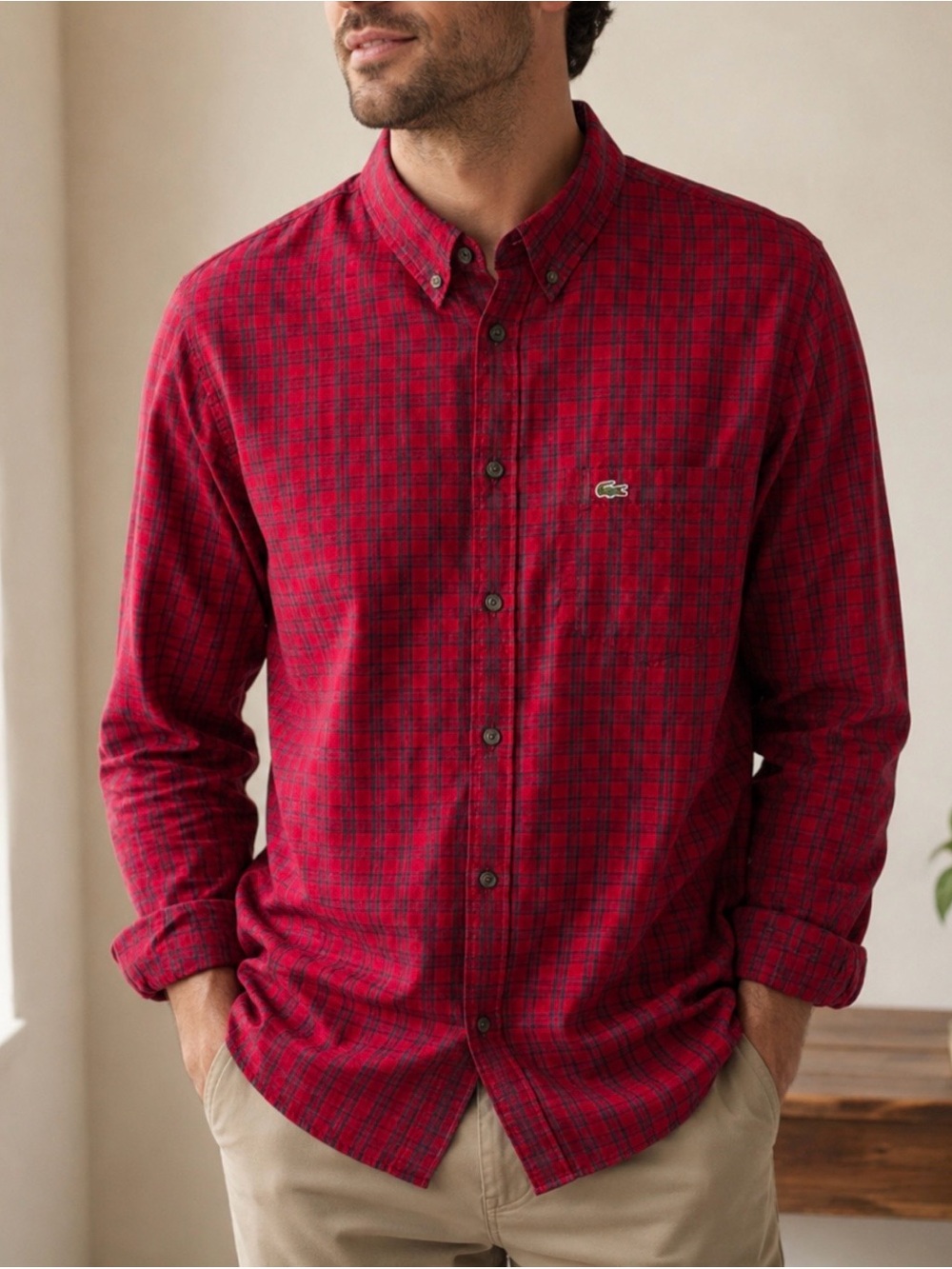 Lacoste Red Plaid Long-Sleeve Button-Down Shirt